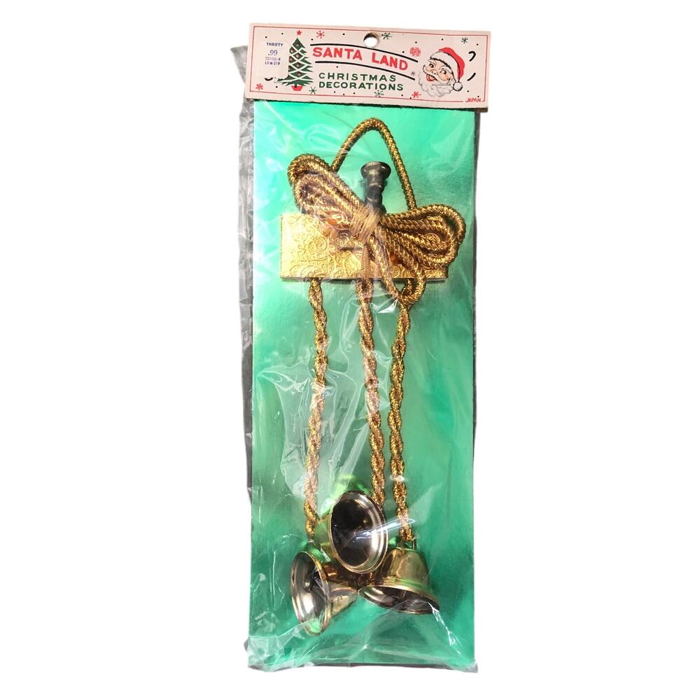 Vintage NOS "Santa Land" Gold Christmas Ornament Bells on Cord Japan 1960s 1970s